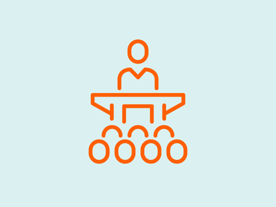 An orange vector design of a person speaking to an audience with a blue background.