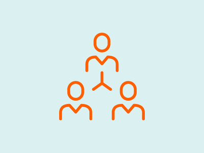 An orange vector design of 3 people with a blue background.
