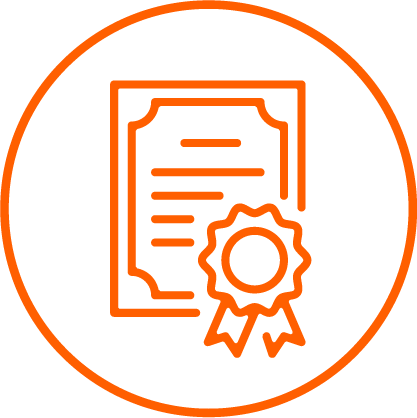 An orange vector design of a certificate with an award ribbon on the bottom right corner of it. This image is within an orange circle.